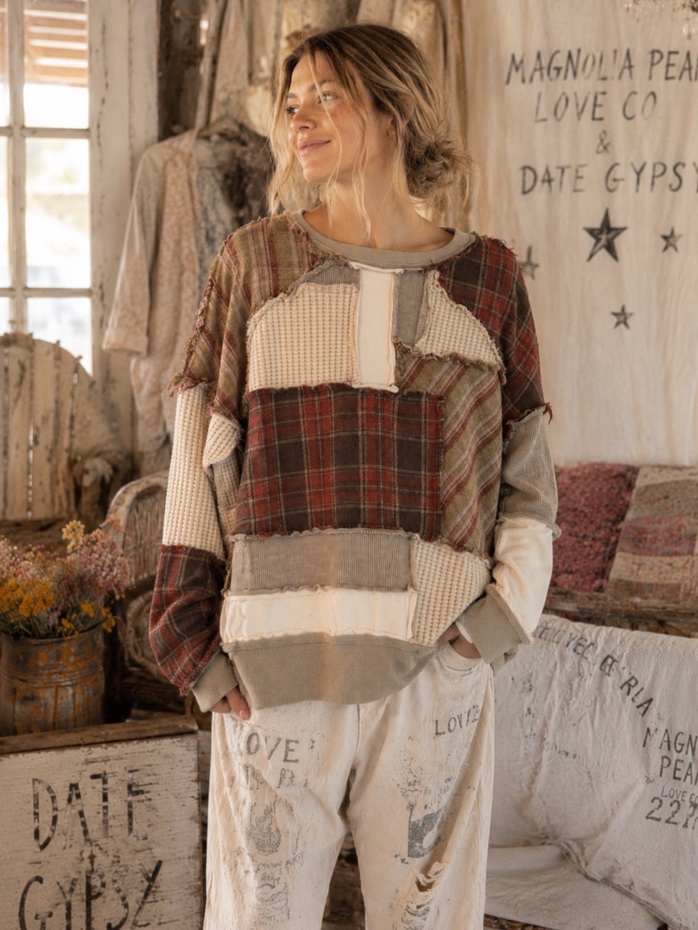 Oli & Hali 🔥 Oversized Patchwork Sweatshirt Small Boho Thermal Plaid Raw Hem